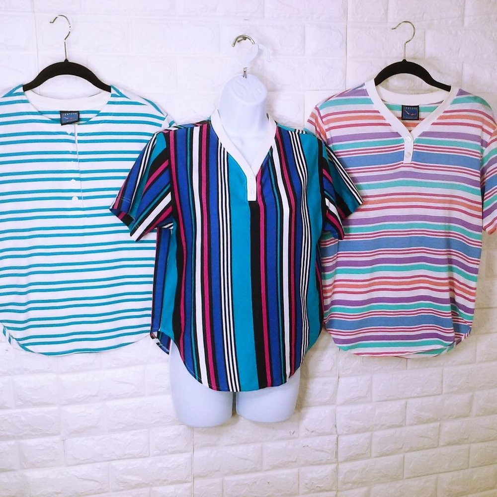 Bulk Lot(3) Vintage 80s Tops Jantzen Classics Lady-M(10) Striped Crew Polo SSL